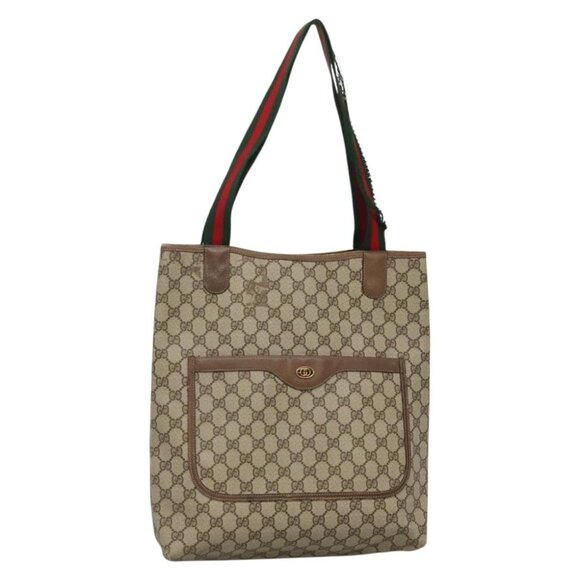 GUCCI GG Supreme Web Sherry Line Tote Bag PVC Beige Gold - Picture 2 of 16